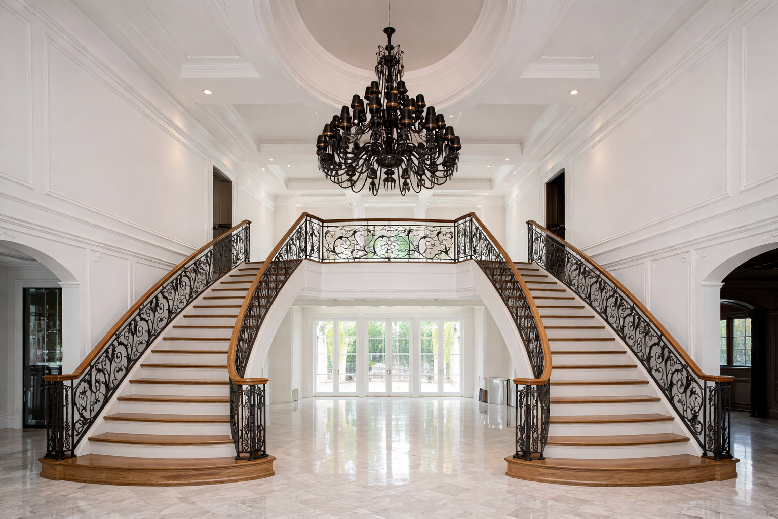 Grand staircase with wrought iron railings and chandelier